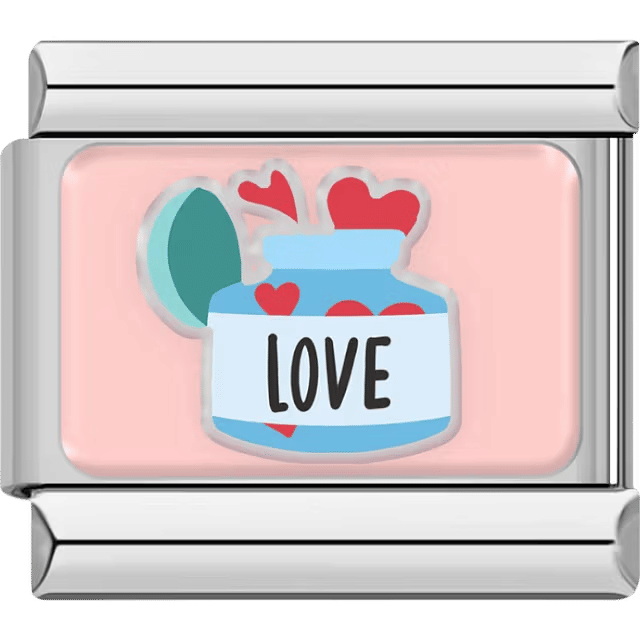 Blue jar labeled “LOVE” with red hearts popping out on a soft pink background